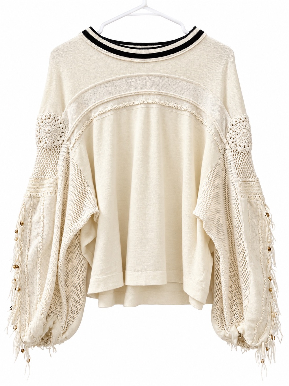 Free People Ivory Boho Crochet Statement Sleeve Top – Size Medium
